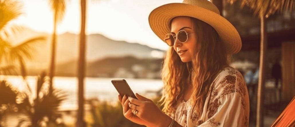 Mujer con sombrero y gafas de sol mirando la pantalla de su teléfono móvil en un lugar tropical