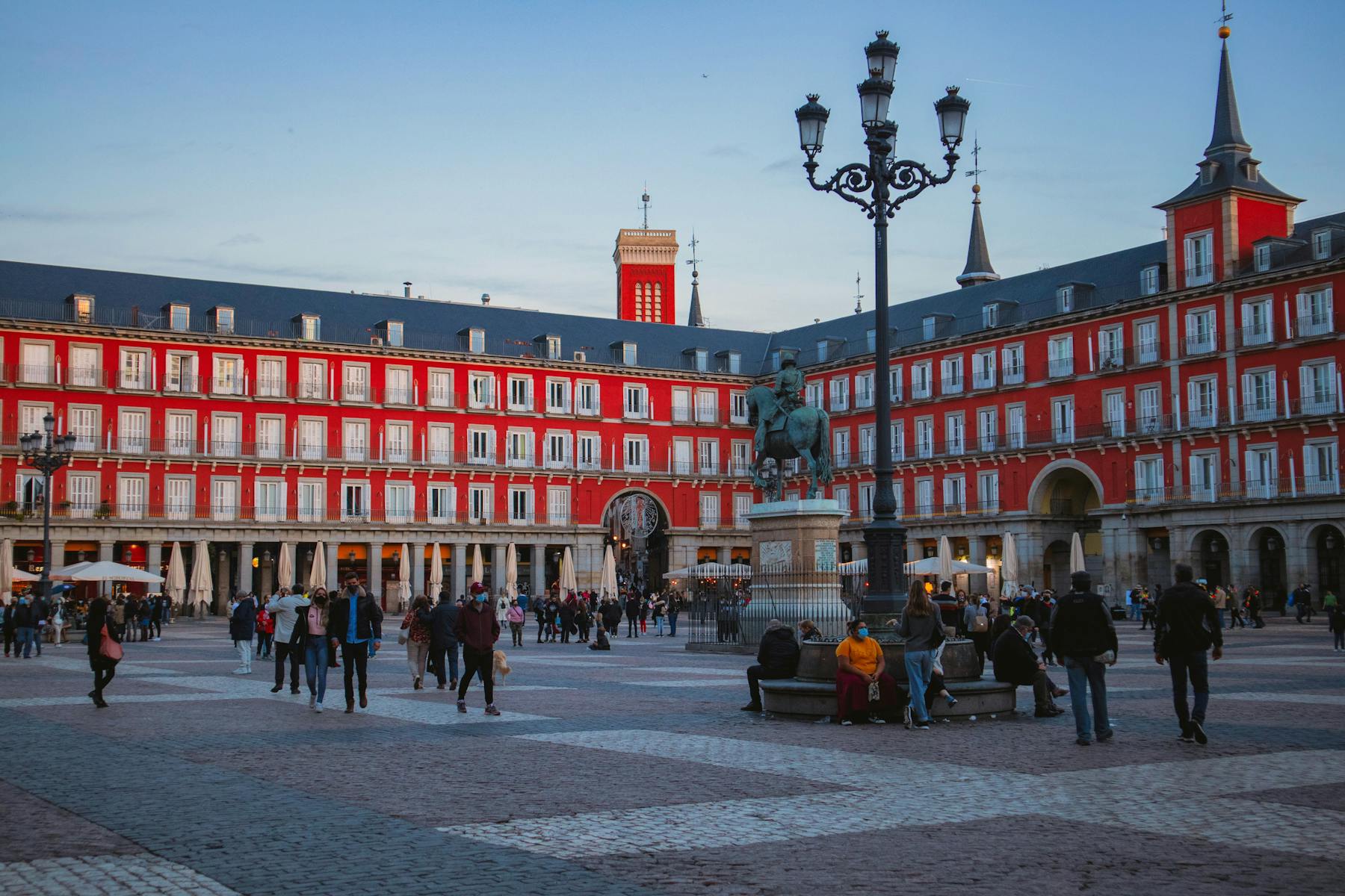 Late evening falling upon the Plaza Mayor in Madrid, Spain
