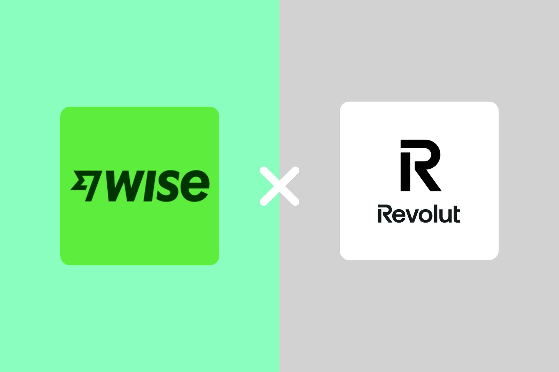 Montagem com as logos da Wise e Revolut mostrando um X entre elas
